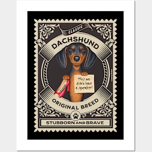 Fun dachshund holding new toy without squeaker in gold circle Posters and Art